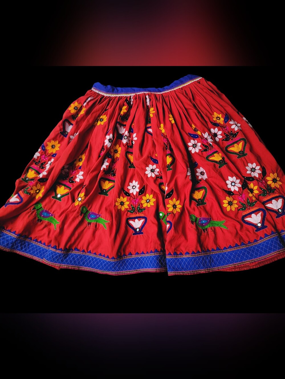 Artisan Handmade Boho Embroidered Skirt Floral & Bird Motif Vintage Lengha